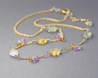 Dainty Carved Citrine,  Rose Quartz Green Amethyst Choker with Mixed Gem Clusters. Carved Gemstone Gold Filled Necklace. N65/23