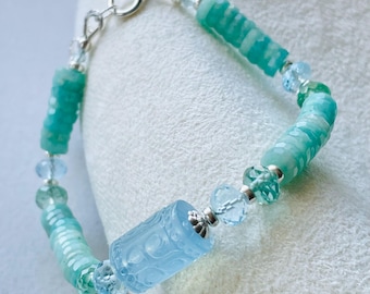 Aquamarine and Amazonite Beaded Sterling Silver Bracelet. Blue Gemstone Chunky Jewelry with Carved Gems