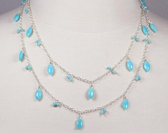 Blue Amazonite Lariat Necklace, Long Sterling Silver Boho Gemstone Necklace