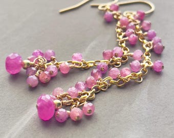 Gold Filled Pink Sapphire Dangle Earrings – Bohemian Cluster Gemstone Jewelry