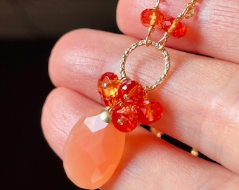 Peach Moonstone Pendant Necklace, Delicate Gold Filled Chain with Orange Sapphire Stations
