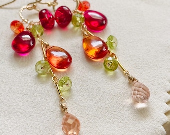 Ruby,  Sapphire & Peridot  Earrings: Bohemian Gold Filled Colorful Gemstone Cluster Dangles. Orange Sapphire Earrings