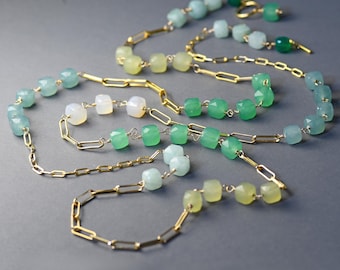Multi Color Jade Gold Filled Lariat. Long Bohemian Green Gemstone and Chain Necklace