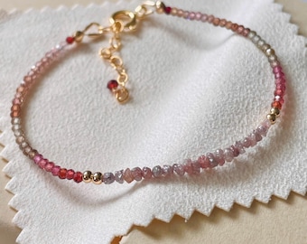 Pink Diamond Beaded Bracelet: Delicate Gold Filled Stacking Bracelet with Tundru Sapphires