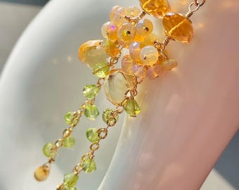 Citrine, Ethiopian Opal and Peridot Bohemian Long Gold Filled Earrings. Gold Gemstone Statement Dangles