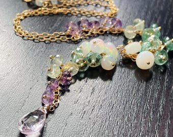 Ethiopian Opal Gold Filled Y Necklace, Colorful Gemstone Cluster with Green Sapphire & Pink Amethyst