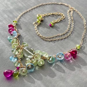 Green Amethyst Cluster Necklace, Colorful Multi Gemstone Statement Necklace, Prehnite Topaz Ruby Gold Filled