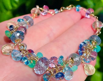Aquamarine, Topaz,  Apatite, Sapphire Gold Filled Statement Bracelet. Blue Gemstone Cluster Jewelry for Her