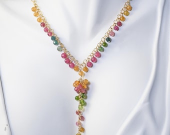 Mixed Tourmaline Lariat.  Gold Filled Pink Green Blue Tourmaline Y Necklace. Colorful Gemstone Artisan Jewelry