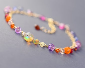 Colorful Gemstone Dangle Delicate Gold Filled Bracelet. Layering Opal, Ruby, Tanzanite and Pink Topaz Bracelet. B89/23