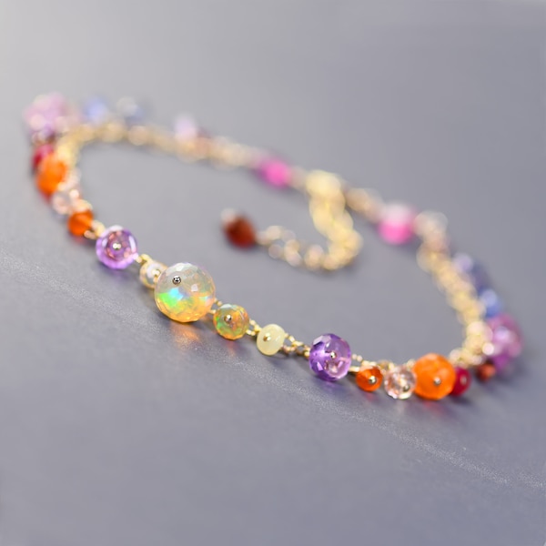 Colorful Gemstone Dangle Delicate Gold Filled Bracelet. Layering Opal, Ruby, Tanzanite and Pink Topaz Bracelet. B89/23