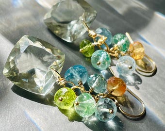Green Amethyst Sapphire Aquamarine Statement Earrings, Gold Filled Boho Dangles