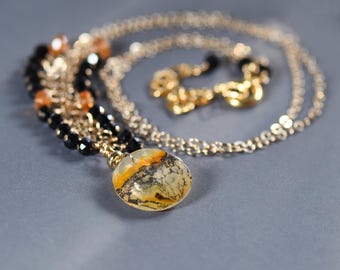Dendritic Quartz Necklace, Black Spinel Necklace, Spessartine Garnet, Gold Filled Pendant, Nature Inspired Jewelry