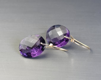 Amethyst Drop Earrings.  Short Purple Gemstone Dangle. Gold Filled Minimalist  Earrings. Gift for Woman, Anniversary, Birthday, Mother's Day