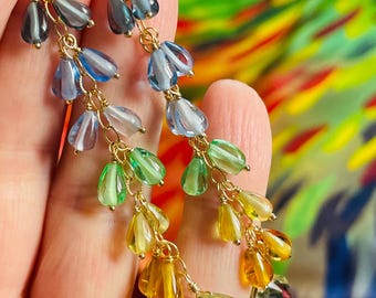Long Ombre Blue And Lemon Yellow Gemstone Statement Earrings. Bohemian Sapphire, Spinel Aquamarine Dangles