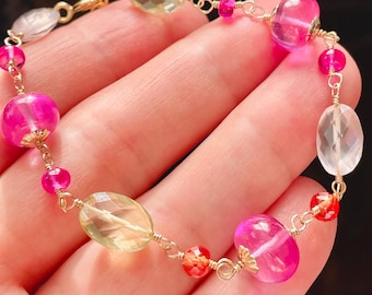 Pink Sapphire Statement Bracelet, Colorful Gold Filled Bracelet with Rose Quartz and Spinel