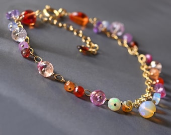 Colorful Multi Gemstone Gold Filled Chain Bracelet.  With Opal, Ruby, Tanzanite, Topaz Dangles
