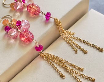 Long Padparadscha Sapphire Tassel Earrings.  Pink Spinel, Orange Garnet Gold Filled Bohemian Dangles