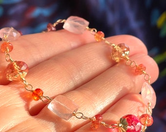 Rose Quartz and Peach Sapphire Bracelet. Sapphire Wire Wrapped Bracelet. Gemstone Pink and Gold Gem  Gift Bracelet.