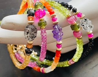 Colorful Gem Stacking Bracelet. Peridot, Citrine, Pink Quartz, Black Spinel, Mexican Fire Opal  Gold Filled Bracelet. Rainbow Bracelets.B125