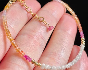 Diamond and Shaded Pink and Gold Sapphire Beaded Bracelet: Delicate Gold Filled Stacking Bracelet