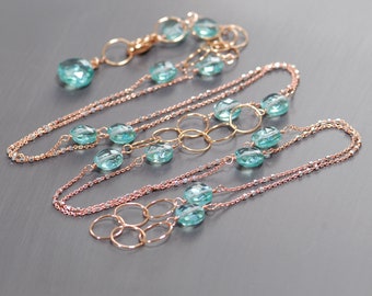 Rose Gold Filled Aqua Quartz Necklace. Green Gemstone Lariat by Agusha. LN234/22
