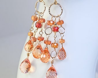 Orange Sapphire Statement Dangle Earrings. Bohemian Sapphire Earrings. Peach Sapphire Earrings. Gift For Her, Wife, Graduation, Birthday