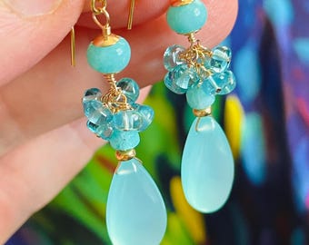 Aqua Chalcedony Statement Dangles. Boho Blue Gemstone Gold Filled Earrings