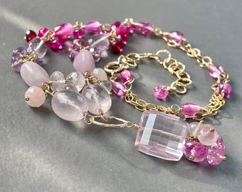 Pink Ombré Gemstone Choker. Spinel, Morganite, Rose Quartz, Amethyst, Sapphire Statement Necklace. Colorful Jewelry