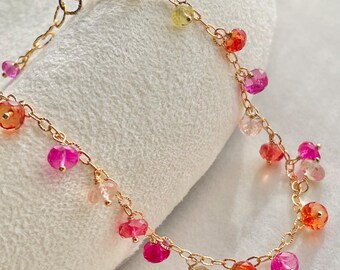 Dainty Padparadscha Sapphire Bracelet: Gold Filled Chain with Gemstone Dangles