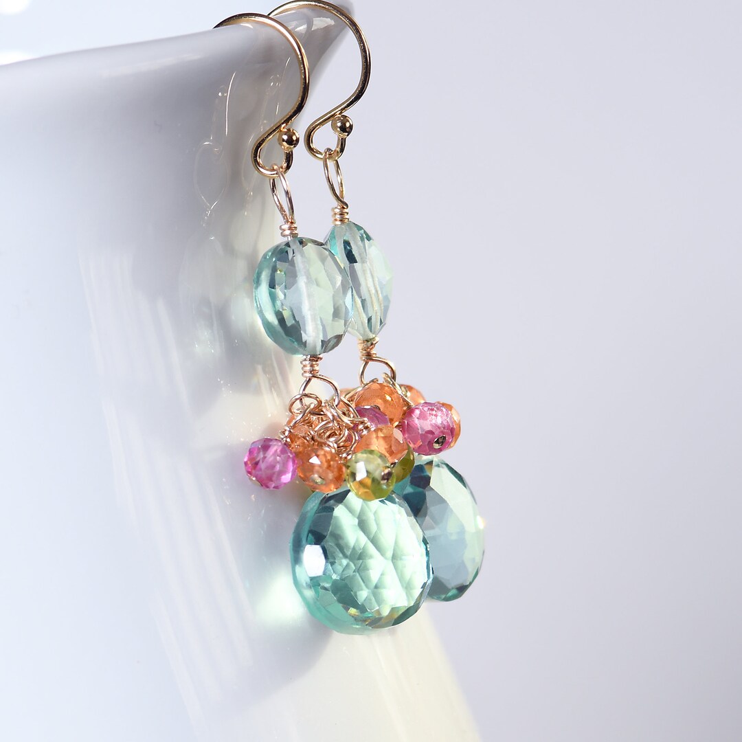 Green Amethyst Quartz and Colorful Gem Cluster Earrings. Short Golf ...