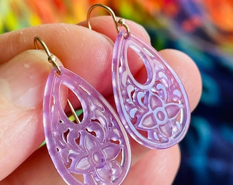 Carved  Purple Jade Gold Filled Statement Earrings. Jade  Dangle. Carved Gemstone Jewelry