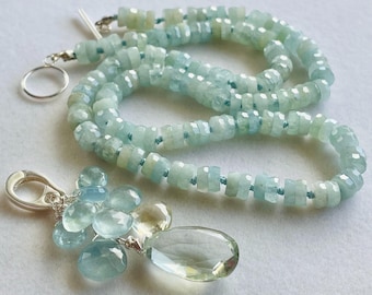 Aquamarine Hand Knotted Choker With Detachable Pendant.  Blue Gemstone Necklace Set
