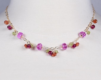 Pink Sapphire Dainty Gold Filled Necklace, Ruby, Peridot Colorful Gemstone Statement Choker