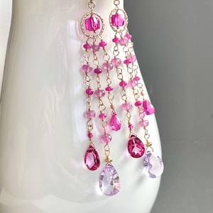 Pink Sapphire Dangle Earrings: Amethyst Topaz Gemstone Tassels