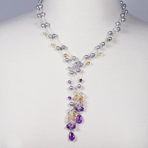 Sterling Silver Pearl Lariat Necklace: Gemstone Boho Scarf Necklace