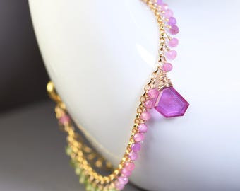 Gold Filled Bracelet: Pink Sapphire, Peridot Gemstone Dangles – Feminine Chain Jewelry