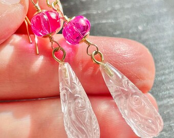 Carved Rose Quartz Drop Earrings. Gold Filled Pink Gemstone One of A Kind Dangle