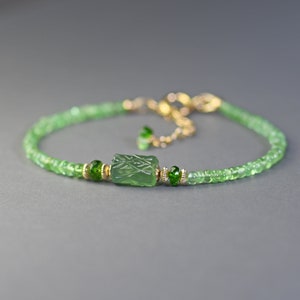 Tsavorite Layering Bracelet. Carved Serpentine Beaded Bracelet. Dainty Green Gem Gold Filled Jewelry