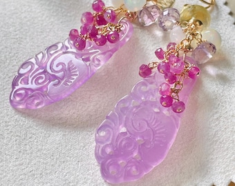 Purple Carved Jade Pink Amethyst, Ethiopian Statement Earrings. Carved Gem Dangles.  Colorful Boho Gold Filled Jewelry Gift