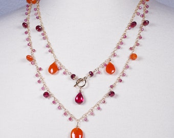 Carnelian, Rubelite Quartz, Pink Tourmaline Long Gold Filled Lariat. Long Necklace with Gemstone Dangles. Orange, Pink And Red Gem Necklace