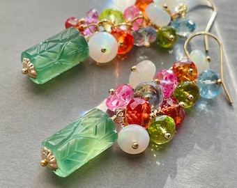 Serpentine and Colorful Gem Statement Dangles. Carved Green Gem Earrings
