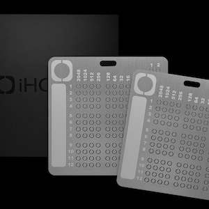 May include: Two silver metal cards with numbered circles and columns, a rectangular section, and a circular design. The cards are on a black background, with a black box and the "iHO" logo visible.
