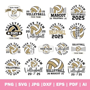 Pode incluir: Uma coleção de logotipos de voleibol em dourado e preto. Cada design apresenta uma bola de voleibol e texto como "Your Team", "Volleyball" e o ano "2025". Os logotipos têm várias formas, incluindo escudos, círculos e faixas.