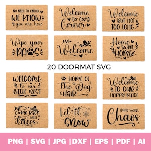May include: A collection of doormats with various welcoming phrases in black script on a natural coir background. Phrases include "Welcome," "Home Sweet Home," and "Let it Snow." The image also includes file format options.