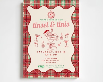 Convite para festa de Natal em xadrez Tinsel Tinis | Convite retrô editável para coquetel de Natal com Papai Noel | Download digital para impressão da Noite do Martini