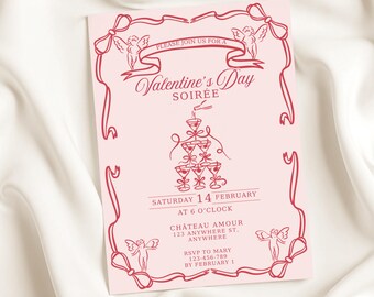 Whimsical Valentine's Day Invite | Coquette Bow Red Pink Hand Drawn Champagne Tower Galentine's 5x7 Invitation | Editable Template Download