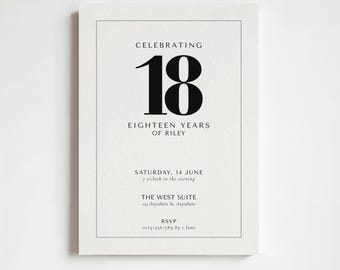 Convite minimalista preto para festa de 18 anos | Convite moderno e minimalista em preto fosco para comemorar uma data especial | Download instantâneo editável e imprimível no Canva