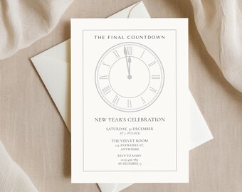 Convite para Festa de Ano Novo | Convite minimalista com relógio em branco e prata para a contagem regressiva final | Modelo editável e imprimível para download