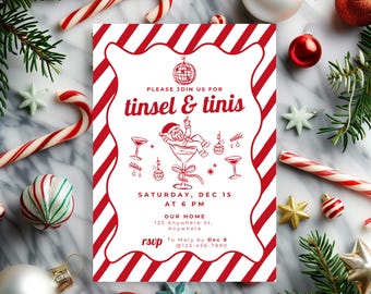 Convite para festa de Natal retrô Tinsel Tinis | Convite para festa de coquetel de Natal editável e imprimível com Papai Noel Martini | Download digital 5x7